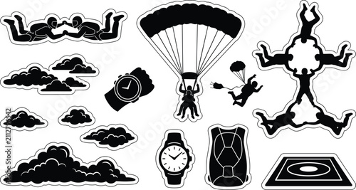 Foto Skydiving and Parachuting Sticker Icon Set with Skydiver Formations, Parachute C