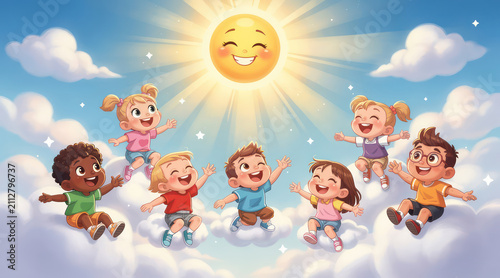Happy children playing on clouds sunny.