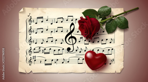 Music Sheet with Rose and Heart.
