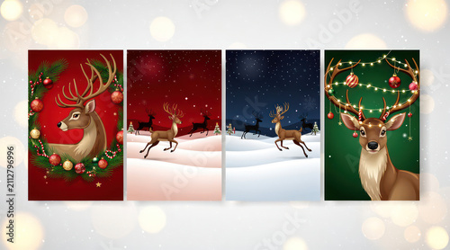 Reindeer in festive holiday settings collage.