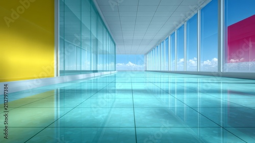 Modern office corridor with large reflective floor design spacious hallway with blue floor and overlooking bright blue sky
