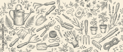 Obraz na płótnie Vintage Garden Tools and Plants Sketch Pattern