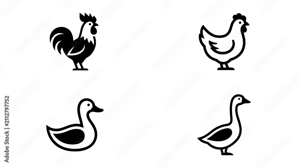 Fototapeta premium Farm animals including a rooster, a chicken, a duck, and a goose are presented as a collection of minimalist black and white vector icons for various agricultural and culinary design projects.