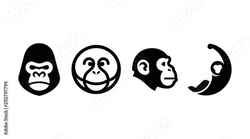 Photography Primate icons display a gorilla, monkey, chimpanzee, and orangutan in a minimalist black vector style on a white background
