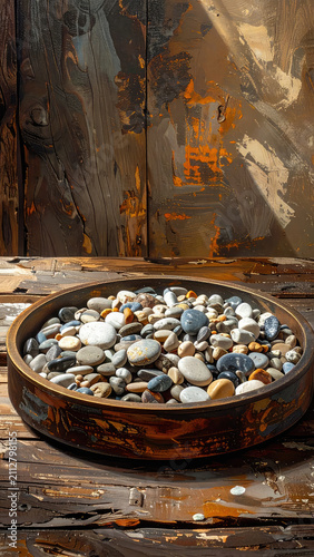 Decorative bowl filled with smooth pebbles on rustic wooden surface