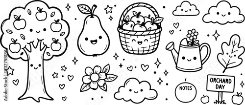 Cute cartoon orchard elements set with happy apple tree pear basket and garden items vector