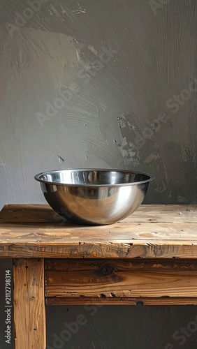 Stainless Steel Bowl on Rustic Wooden Table in Minimal Kitchen Setting