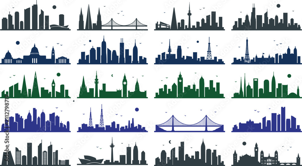 Fototapeta premium Modern City Skyline Silhouette Vector Icon Set Featuring Global Landmarks Urban Landscapes Bridges and Skyscrapers for Architecture Graphic Design