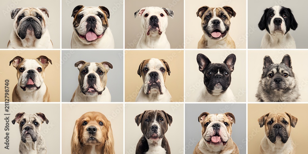 Obraz premium A collage of various dog breeds displaying different facial expressions and coat colors.