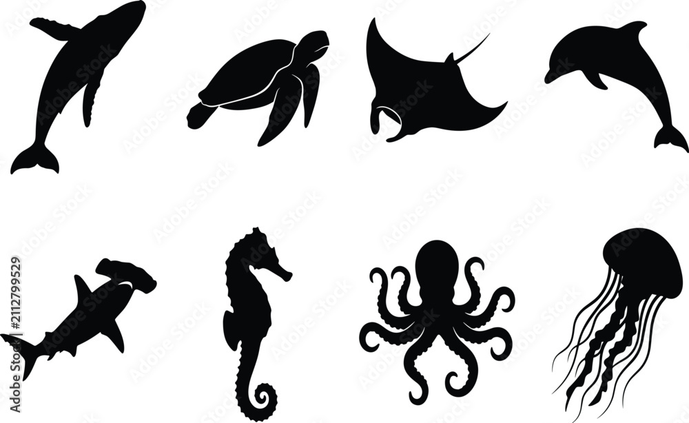 Obraz premium Sea life animals silhouettes set including whale sea turtle stingray dolphin shark seahorse octopus jellyfish