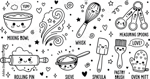 Cute hand drawn kitchen tools collection with whisk mixing bowl and rolling pin for baking and cooking themed design projects
