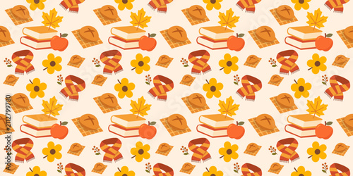 education books and apples for autumn learning seamless pattern