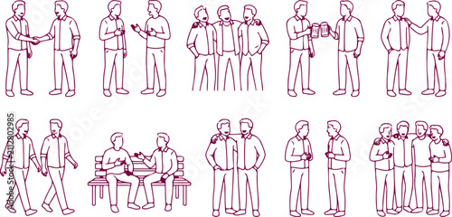 Groups of men interacting in social settings such as shaking hands talking holding drinks and standing together.