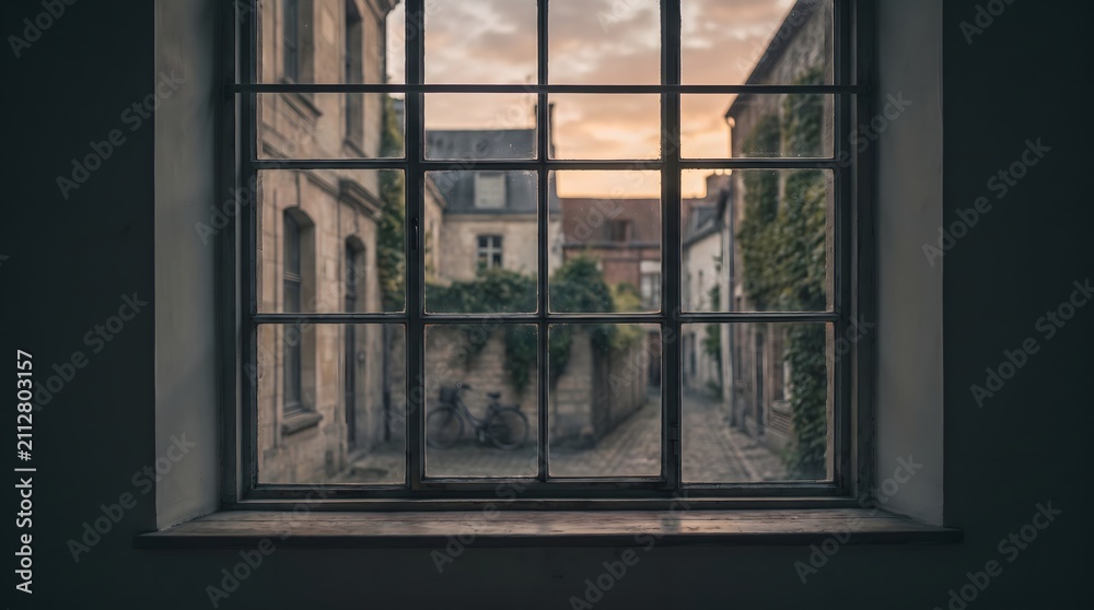 Obraz premium Nostalgic View Through Old Window Overlooking European Street at Dusk