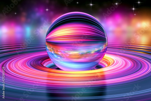 Abstract glass sphere surrounded by glowing neon rings