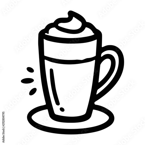 Simple black and white line art illustration of a coffee cup with whipped cream.