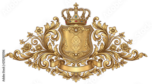 Ornate golden heraldic crest with crown and shield design.