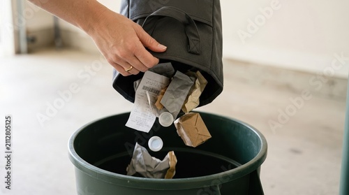 Person emptying trash bag into green bin, sorting garbage for disposal and environmental recycling