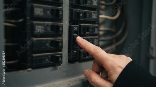 Close up of a human hand flipping an electrical circuit breaker switch in a residential home fuse panel