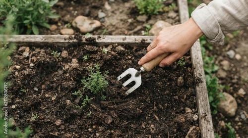 Close up of female hands using a small garden cultivator tool to weed and loosen soil in a raised garden bed