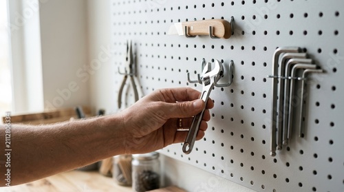 Man organizing workshop tools on a white pegboard, hanging an adjustable wrench in a DIY garage setup