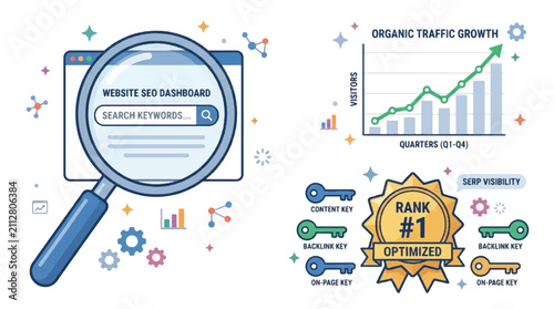 SEO Optimization Flat Vector Illustration with Search Magnifying Glass, Web Traffic Graph, and Rank Badge on White Background