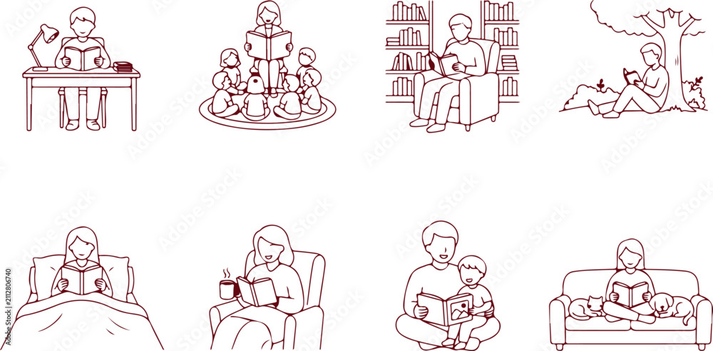 Fototapeta premium People reading books in various settings indoors outdoors learning and leisure activities.