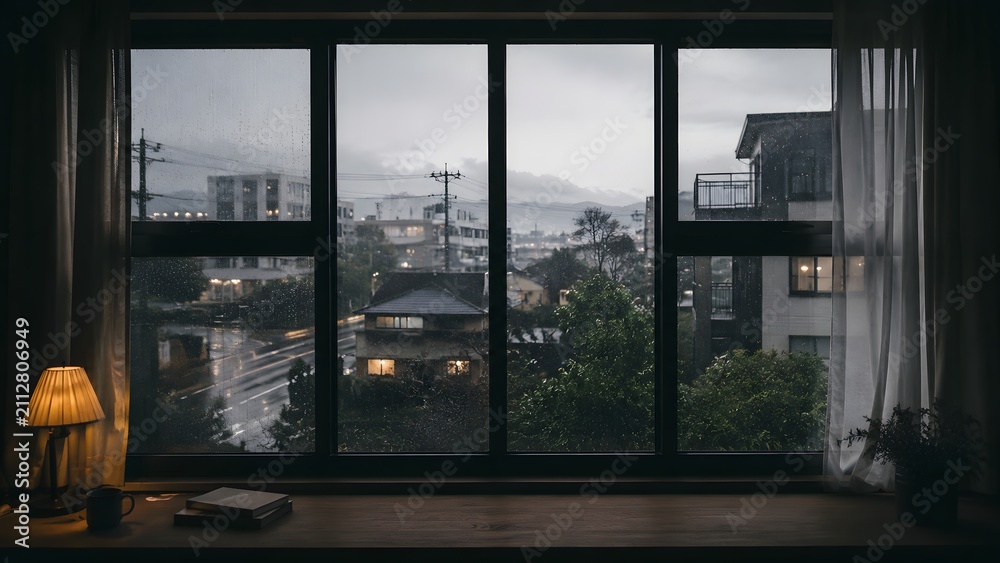 Naklejka premium Rainy Evening View Through Window with Warm Lamp and Books