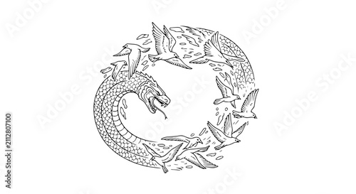 Foto Hand Drawn Mythical Sea Monster and Flying Birds in Nautical Circle Vector Art