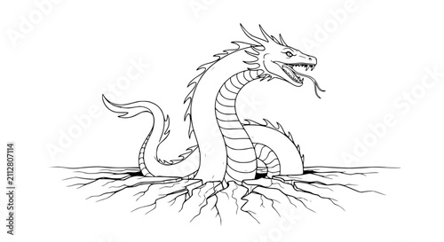 Fotografie Hand Drawn Mythical Sea Serpent Dragon Emerging From Cracked Earth Illustration