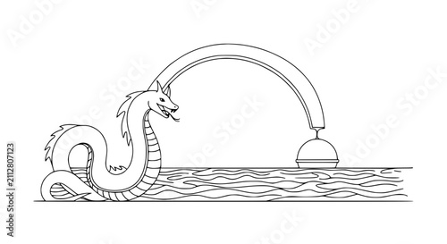 Foto Fantasy Mythical Sea Dragon Serpent Swimming in Ocean with Rainbow Line Art