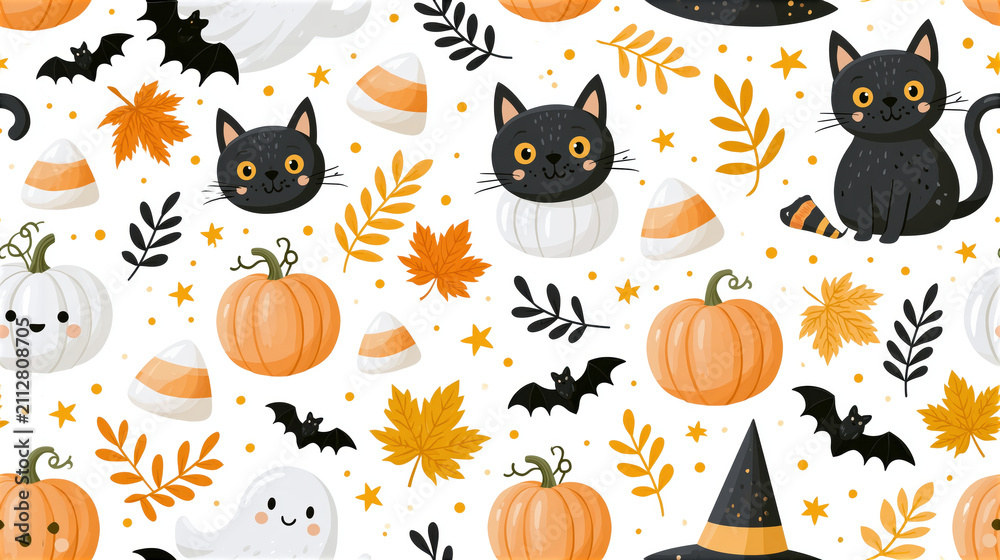 Fototapeta premium Halloween seamless pattern with cat pumpkin bat ghost candy corn autumn leaf star black and orange background
