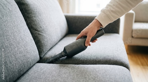 Person using a handheld vacuum cleaner to clean a grey fabric sofa in a modern living room