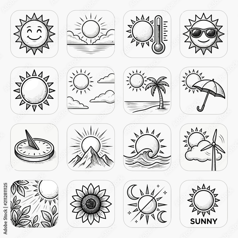 Obraz premium Sun Icons Collection | Weather, Seasons, Summer, Happiness - Vector Graphics