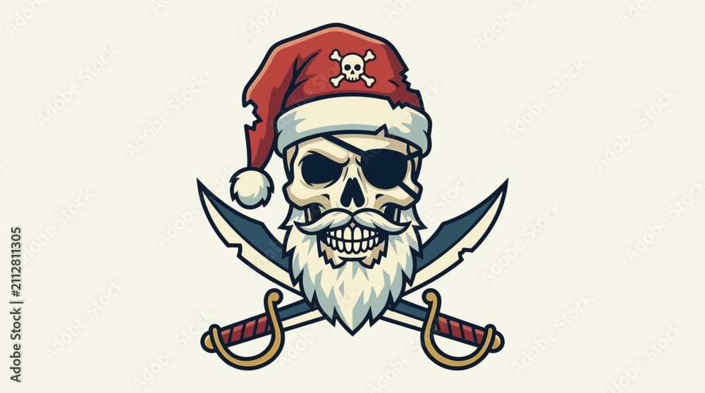 Fototapeta premium A pirate skull wearing a Santa hat with crossed swords underneath