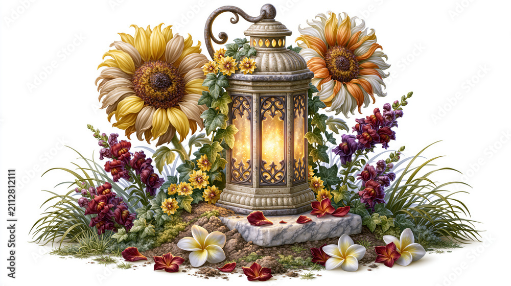 Fototapeta premium Ornate lantern with flowers isolated on white background