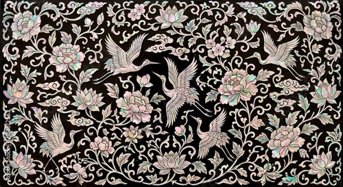Traditional Korean Najeon Mother-of-Pearl Inlay Pattern with Cranes