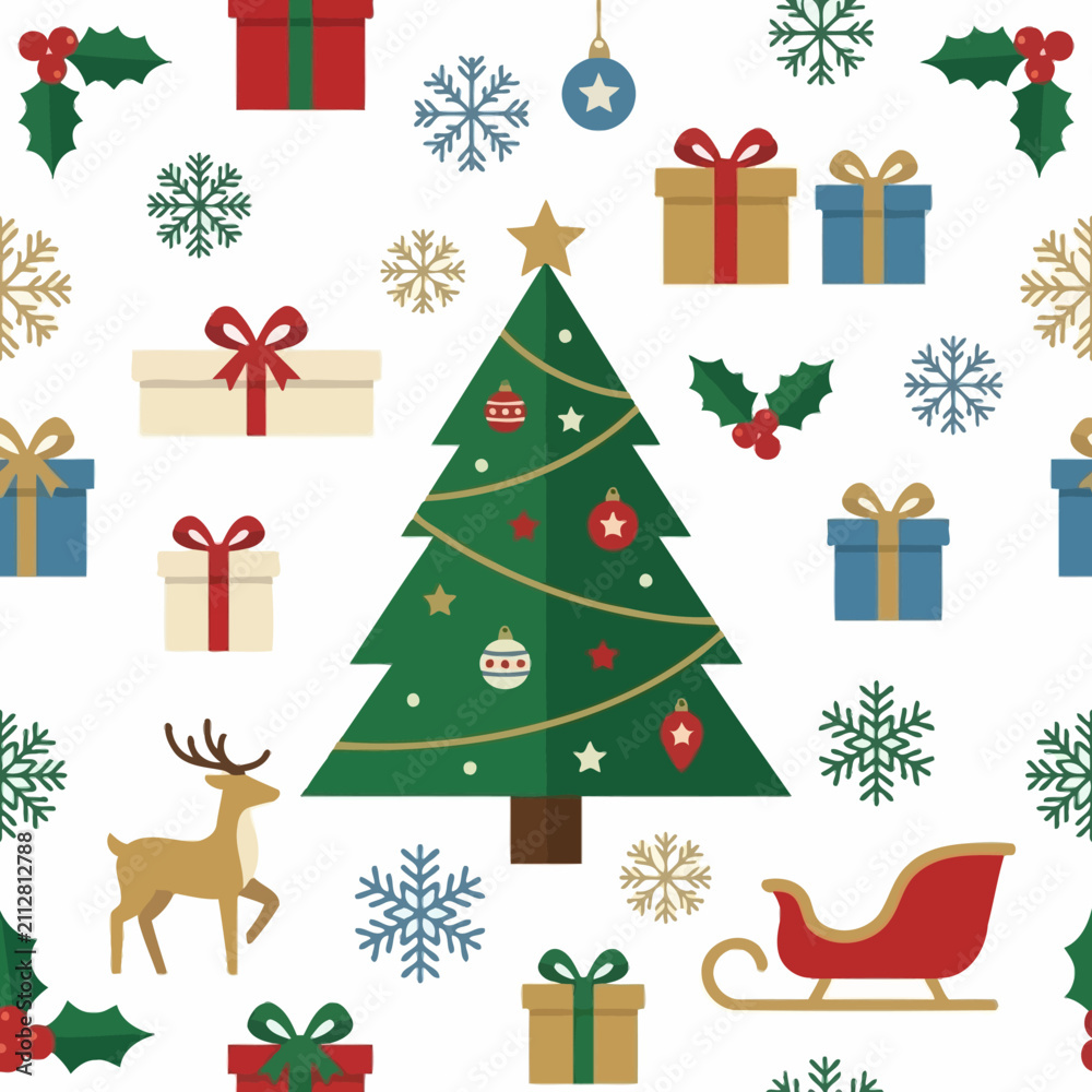 Fototapeta premium Festive Christmas pattern featuring decorated trees and gift boxes with winter snowflakes