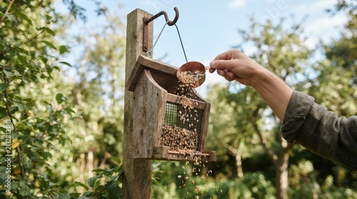 Person filling a wooden bird feeder with seeds in a lush green garden setting for wildlife care