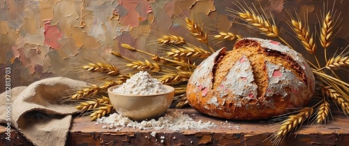 Rustic bread loaf with wheat stalks, bowl of flour and baking ingredients on wooden table