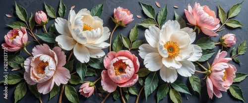 Beautiful collection of pink and white flowers with green leaves arrangement on dark background