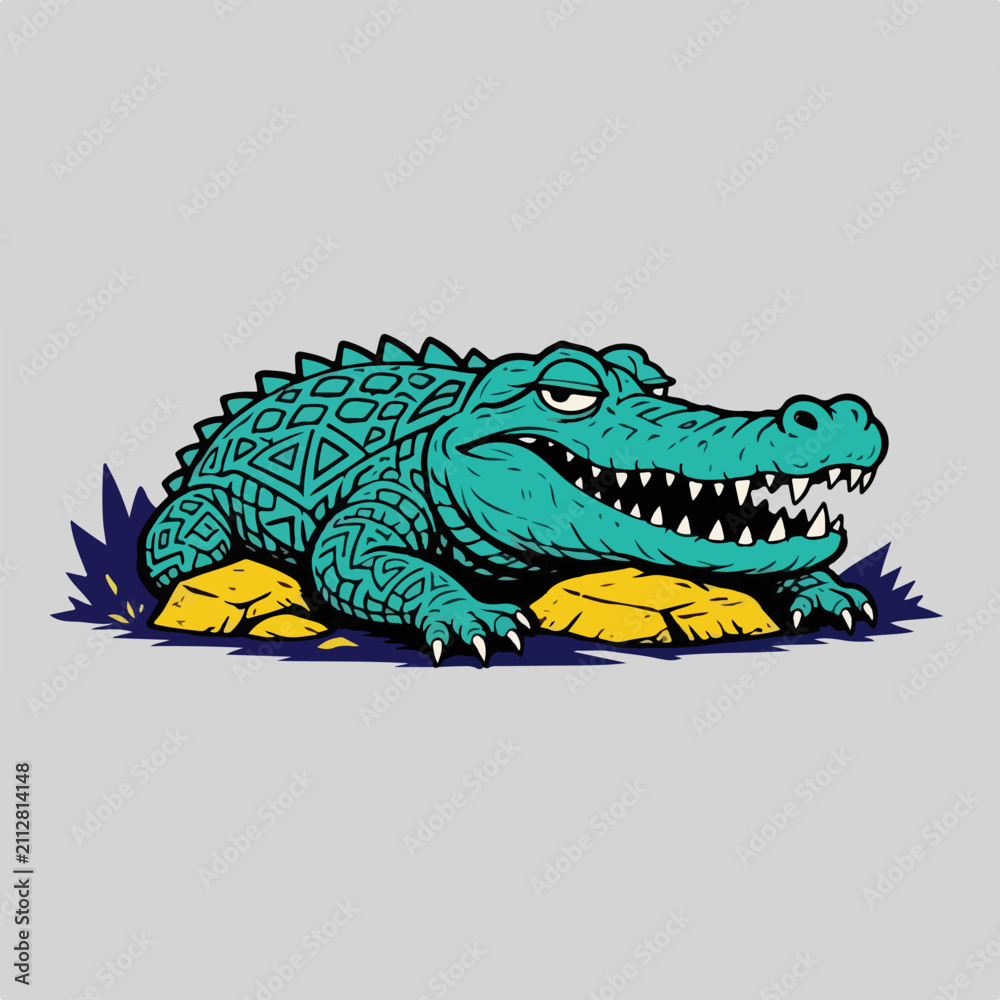 Fototapeta premium Colorful cartoon crocodile resting on yellow rocks