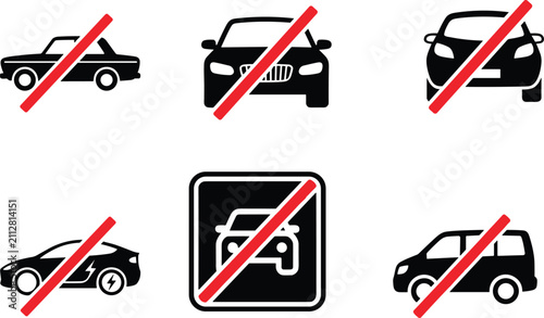 Bild auf Leinwand Prohibited Vehicle Traffic Sign Icon Set Featuring Red Slash Restrictions Over S