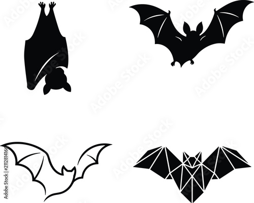 Foto Halloween Bat Silhouette and Logo Template Set Featuring Hanging Roosting Flying