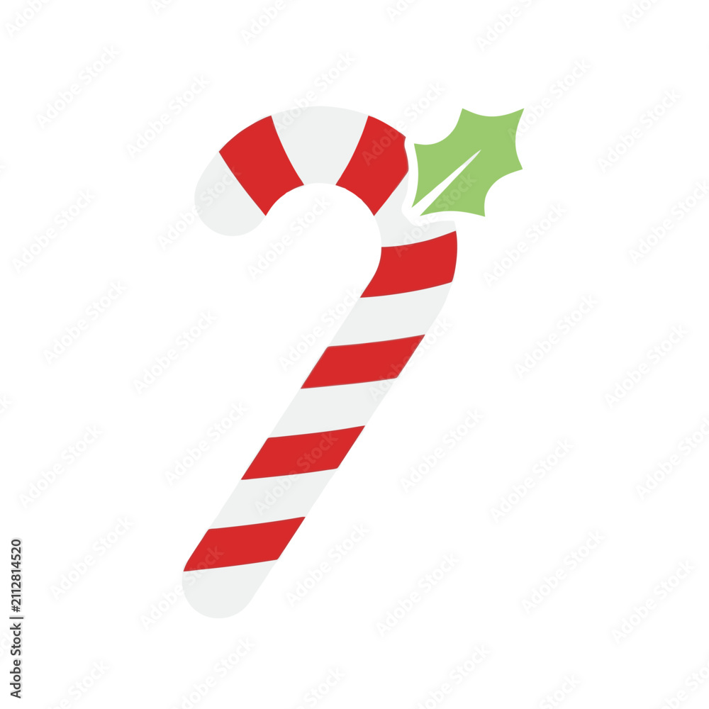 Obraz premium A classic red and white striped candy cane with green holly leaves on a white background