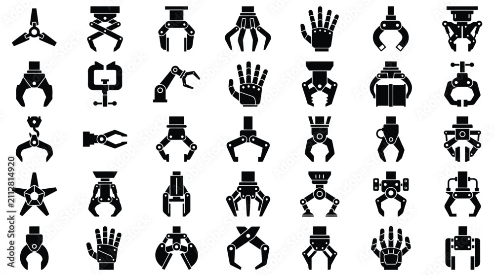 Fototapeta premium A collection of black robotic claw icons featuring mechanical grippers and industrial hands designed for modern automation technology systems
