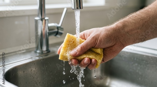Adult male hand rinsing a yellow sponge under running water in a stainless steel kitchen sink