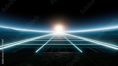Glowing grid road in dark landscape toward bright horizon