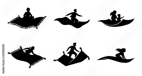 Magic Carpet Silhouettes, Flying Figures, Fantasy Travel, Arabian Nights, 6 Vector Icons