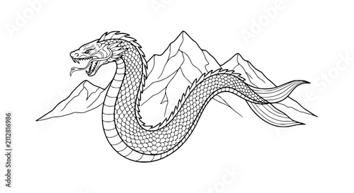 Fotografie Mythical giant sea serpent monster with mountains background line art illustrati